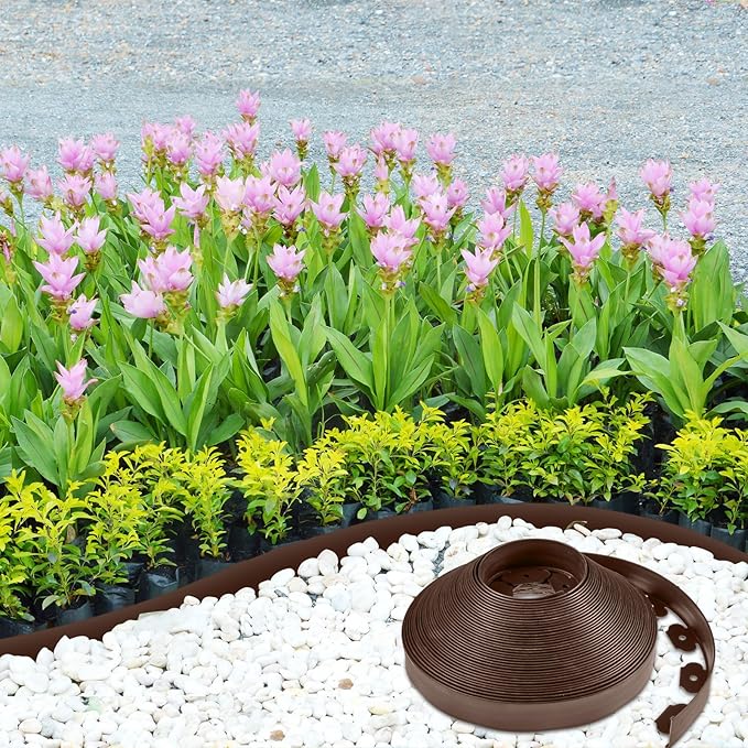 Sasylvia 2'' x 200' Landscape Edging Kit Edging Border Coil Include 120 Anchoring Spikes 10 Connectors Plastic Garden Border for Lawn Garden Grass Yard Home(Brown)