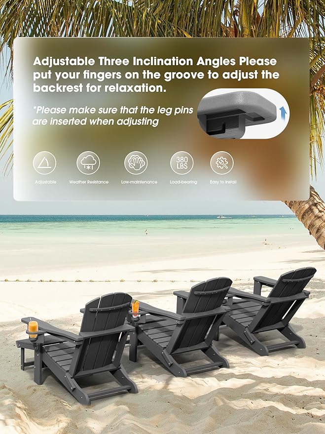 KINGYES Folding Adjustable Adirondack Chair with Retractable Ottoman Set of 6, HDPE All Weather Chair with Cup Holder - Recliner Adirondack Chair, Grey