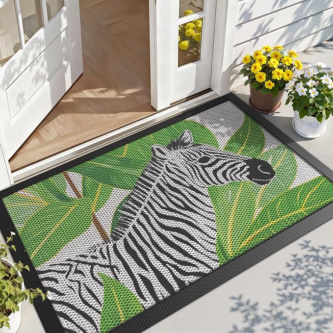 LUMI Outside Door Mat 32x47, Non Slip Rubber Backing Doormat, Low Profile Easy Clean Entrance Mats for Front Back Door Entryway Porch Garage, Zebra