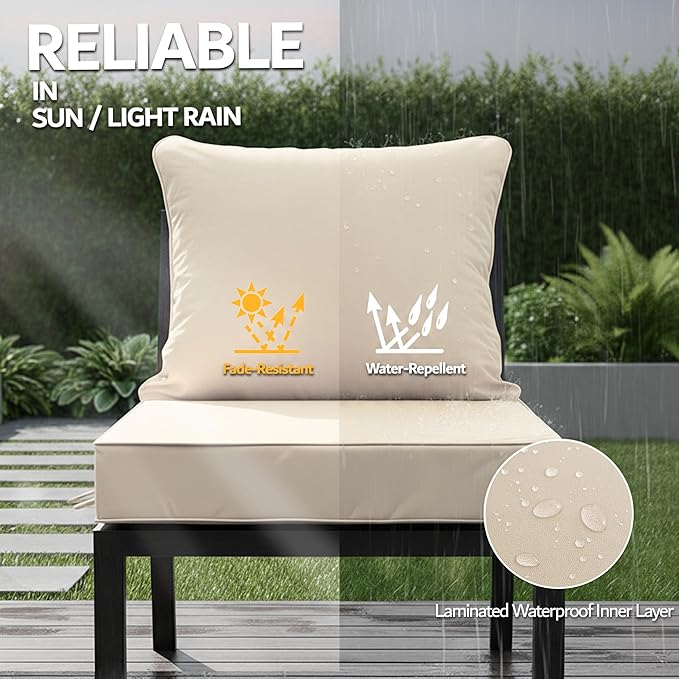 24x24 Inch Outdoor Chair Cushion with Removable Cover, Patio Furniture Cushion - Water-Repellent, Fade-Resistant, Non-Slip Bottom & Straps, Replacement for Deep Seat Sofa & Couch - Cream