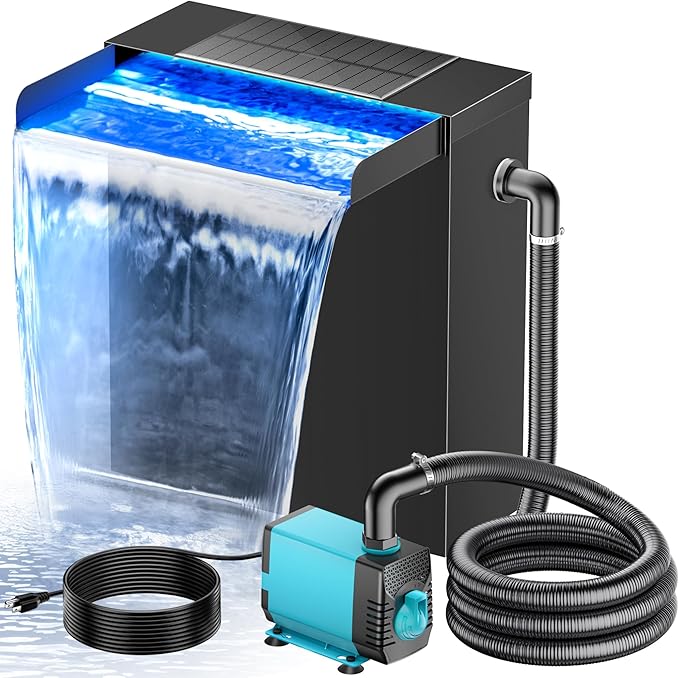 POPOSOAP Pond Waterfall Spillway with LED Lights, 304 Stainless Steel Waterfall with Filtration & 9.8FT Corrugated Tubing, 660GPH Pond Pump Fountain Kit for Outdoor Garden Pond,13.4" H x 12"W-P43HD