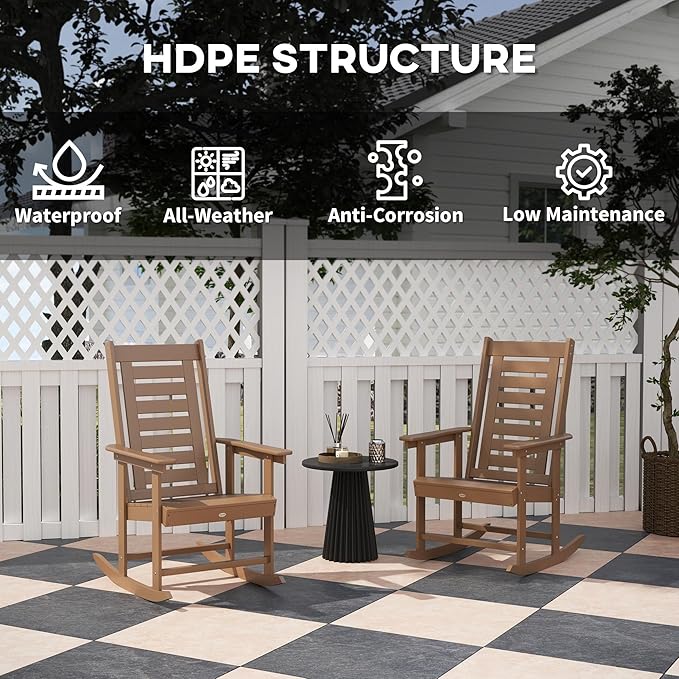 Outsunny Outdoor Rocking Chairs Set of 2, HDPE Patio Rocking Chairs with 28" High Back and Wide Armrests, All-Weather Slatted Porch Rockers for Garden, Balcony, Fire Pit, Brown