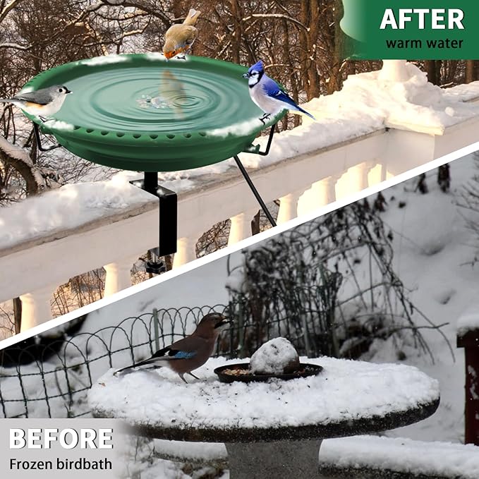 Daoeny Heated Bird Bath for Deck Railing, Upgraded 100W Heated Bird Baths for Outdoors Thermostat Control, Heated Bird Bath for Outside Winter Garden Yard Patio Decor (Green)