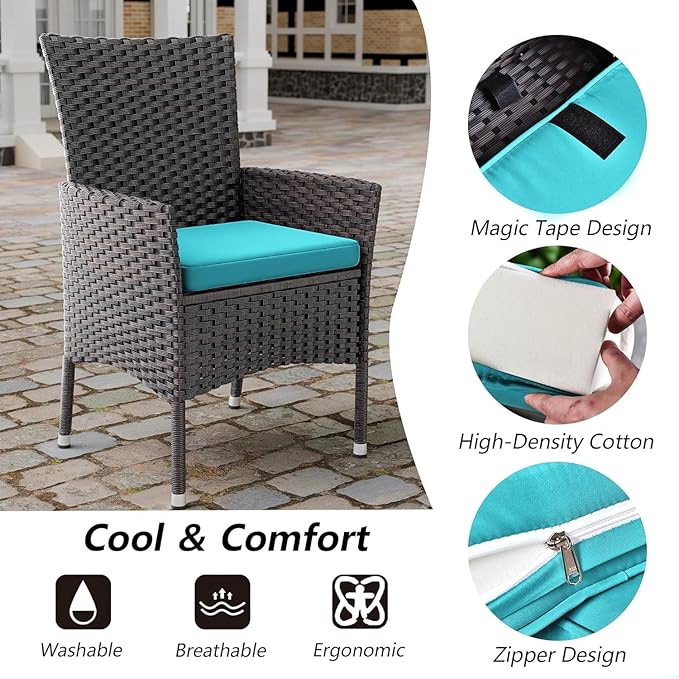 Kullavik 5-Piece Outdoor Dining Set Patio Rattan Furniture Set,Patio Dining Table and Chairs Set with 4 Chairs and Cushions,Square Glass Tabletop with Umbrella Hole for Patio,Blue