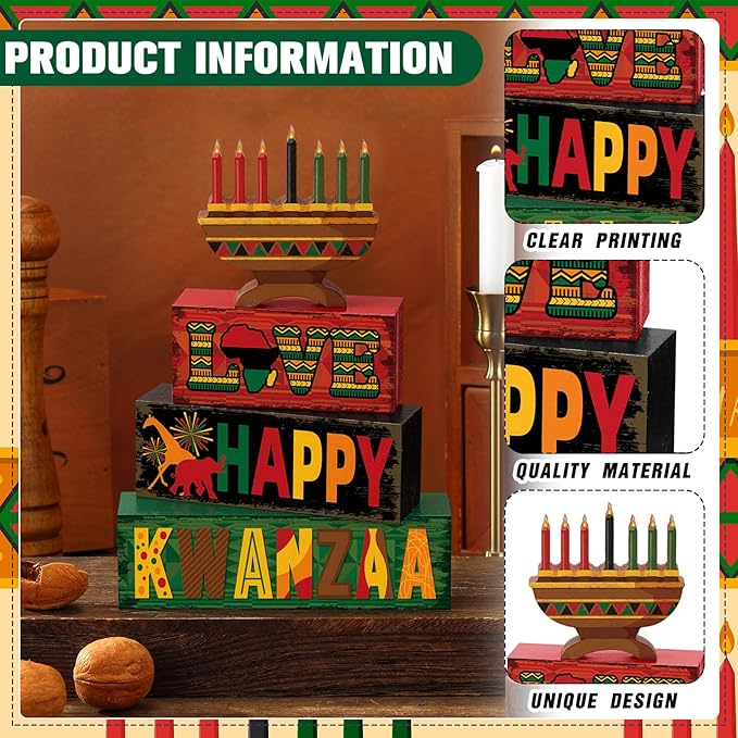 4 Pcs Kwanzaa Table Decorations Wooden Candlestick Sign Wood Block Tabletop Centerpiece Happy Kwanzaa Tiered Tray Table Toppers for Farmhouse Home Office Desk Decor Holiday Party Supplies