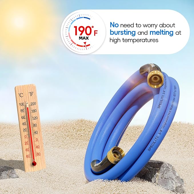 SPECILITE Female to Female Hot/Cold Garden Water Hose 10 ft x 3/4 Inch for Hose Reel, -50℉To 190℉, Heavy Duty, Flexible, Burst 605 Psi, Rubber Extension Pipe with 3/4" Brass Fittings