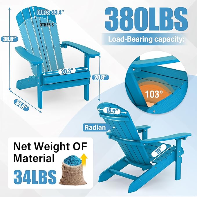 YEFU Adirondack Chairs Set of 6: Outdoor Chair HIPS Plastic Adirondack Chairs - Patio Chairs with Wood Texture - Lawn Fire Pit Deck Porch Garden Chairs for Adults(Pacific Blue)