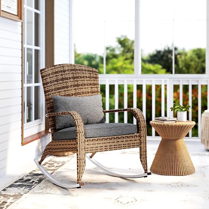 Outsunny Outdoor Wicker Adirondack Rocking Chair, Patio Rattan Rocker Chair with High Back, Seat Cushion, and Pillow for Garden, Porch, Balcony, Gray
