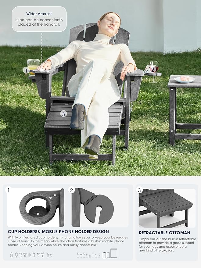 KINGYES Folding Adjustable Adirondack Chair with Ottoman & 2 Cup Holders Set of 4, HDPE Adirondack Recliner Chair with Footrest, Grey