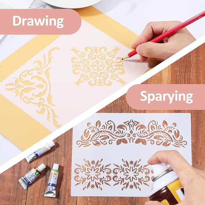 6Pcs Craft Stencils for Painting Vintage, Vintage Paint Stencils for Furniture Corner, Stencil Corners for Wood Canvas Paper Fabric Floor DIY Art