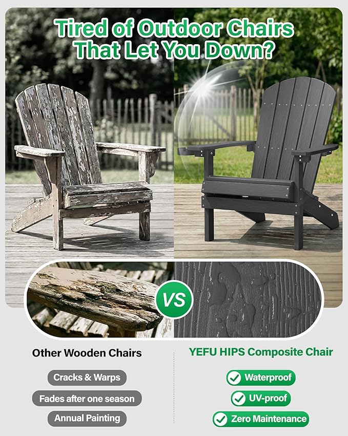 YEFU Adirondack Chairs Set of 2 Plastic Weather Resistant, Outdoor Chairs with Cup Holder, Like Real Wood, Widely Used in Outdoor, Patio, Fire Pit, Deck, Outside, Campfire Chairs (Dark Grey)