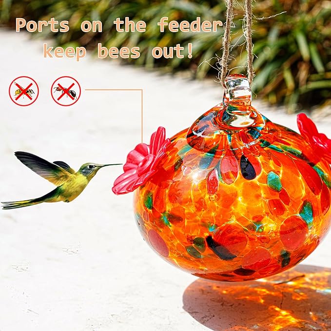 3in Small Colorful Hummingbird Feeder Glass for Outdoors Window Hanging Blown Glass Hummingbirds Feeders for Outside with 2 Feeding Ports Ant and Bee Resistant Humming Birds Feeder Gifts for Women