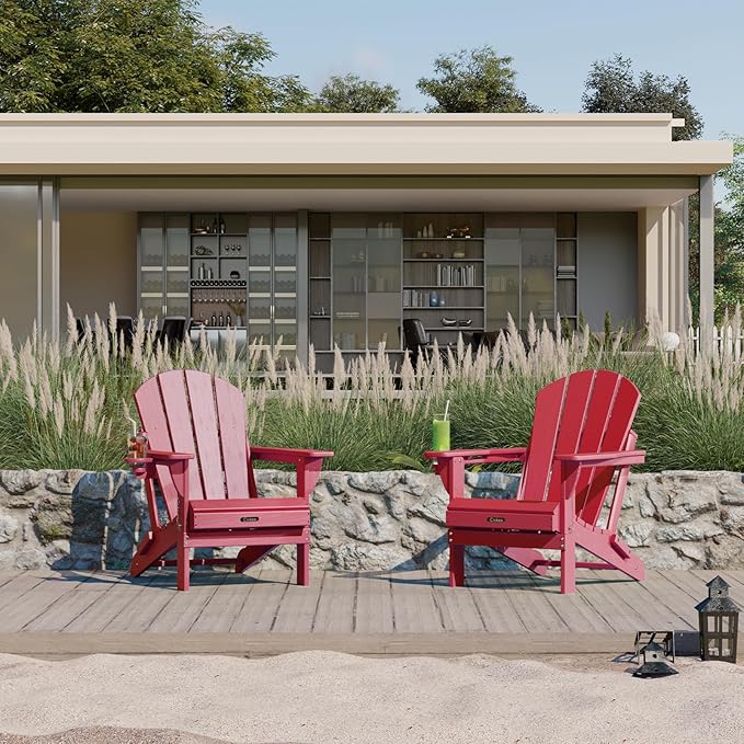 Ciokea Folding Adirondack Chair Wood Texture, Patio Adirondack Chair Weather Resistant, Plastic Fire Pit Chair with Cup Holder, Lawn Chair for Outdoor Porch Garden Backyard Deck (Red)