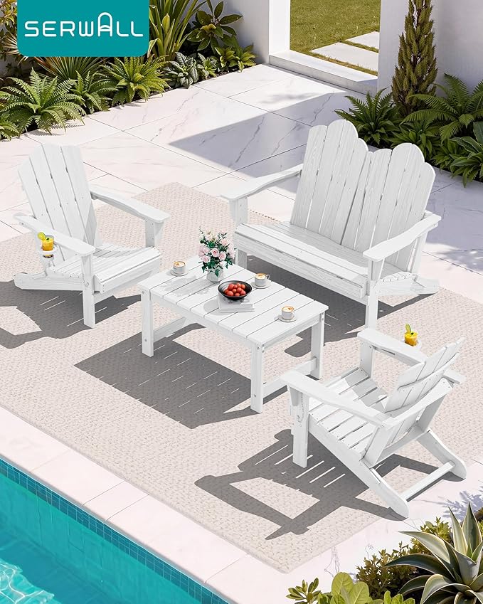 SERWALL Folding Adirondack Bench, HDPE All-Weather Adirondack Loveseat, 660 lbs Capacity, Foldable Outdoor Patio Bench for Deck, Lawn, Garden, White