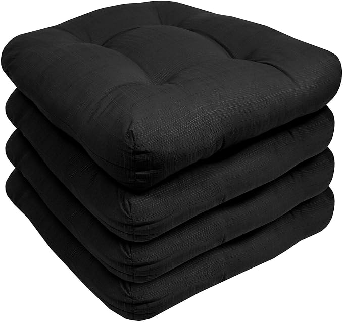 Sweet Home Collection Patio Cushions Outdoor Chair Pads Premium Comfortable Thick Fiber Fill Tufted 19" x 19" Seat Cover, Black, Pack of 4