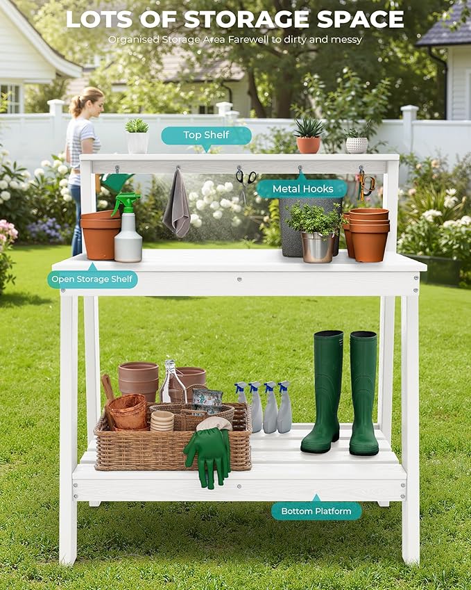 SERWALL Potting Bench Outdoor with Storage, 3-Tier HDPE Gardening Table with Angled Legs & Tool Hooks, All-Weather Heavy Duty Potting Table for Patio, Backyard, Garden,White