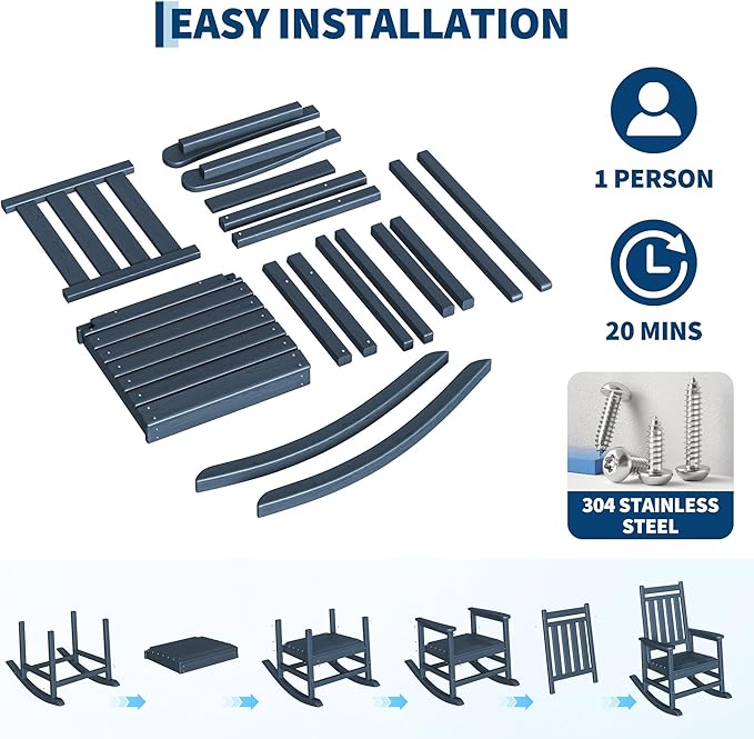 HDPE Rocking Chair Outdoor Set of 4 with 2 Side Table - Poly High Back Porch Rocker Chairs for Adults - All Weather Resistant Furniture for Patio Front Porch - Navy Blue