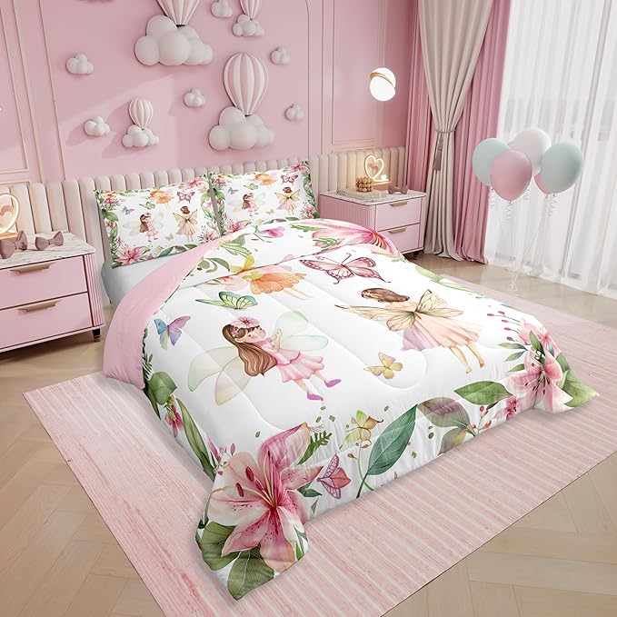 Erosebridal Fairy Garden Full Comforter Set,Pink Floral Butterfly Bedding Sets for Girls Kids,Dreamy Flower Girly Quilt Bed Set,Coquette Flowers Bedroom Decor,2 Pillowcases Reversible