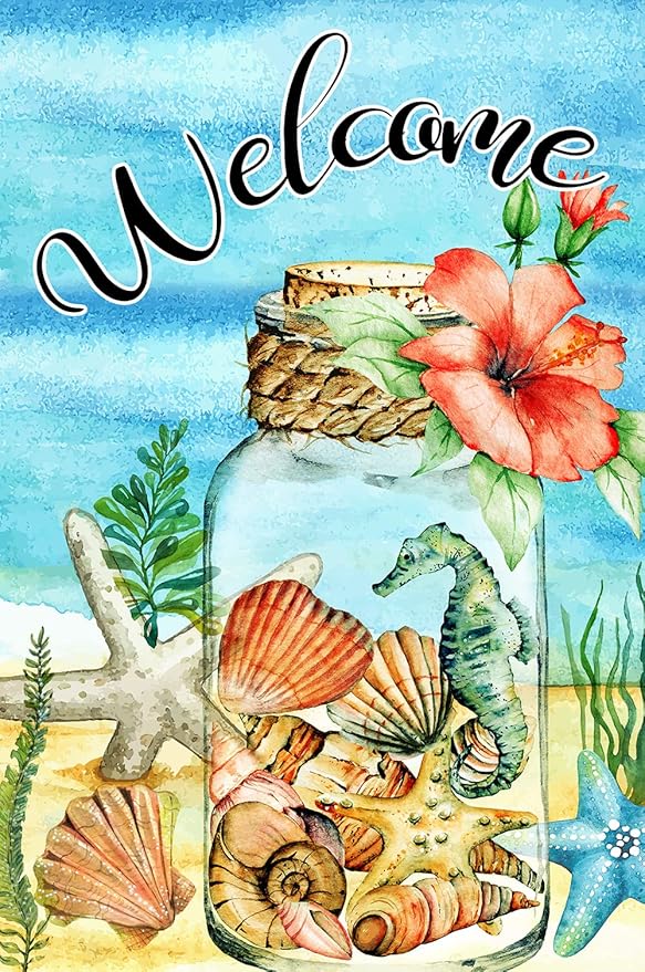Texupday Welcome Floral Mason Jar Shell and Starfish Hippocampus Decoration Summer Seaside Garden Flag Holiday Party Beach Coastal Outdoor Yard Flag 12" x 18"