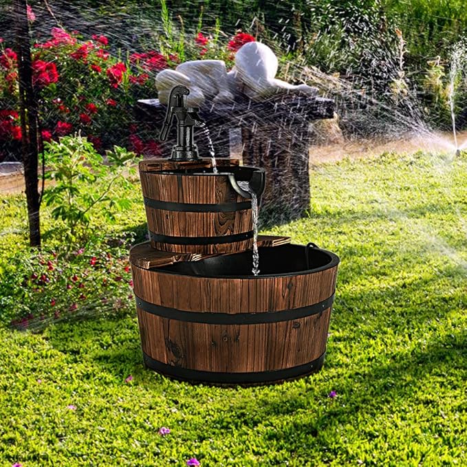 Giantex 2-Tier Barrel Waterfall Fountain Outdoor, Rustic Wood Barrel Cascading Water Fountain with Electric Pump, Outdoor Water Feature with Decorative Hand for Garden Patio Backyard Lawn Porch