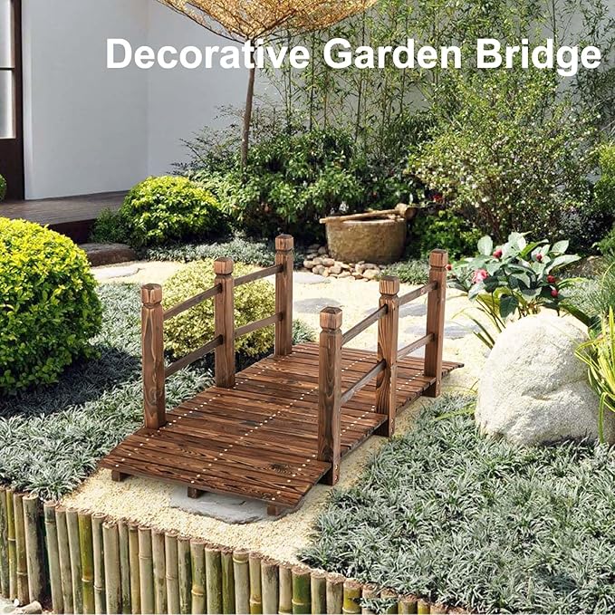 Giantex 5 ft Garden Bridge - Stained Wood Arc Footbridge Walkway with Side Railings, Decorative Wooden Bridge Landscaping for Backyard Farm Garden Creek Pond Decor, Easy to Assemble (Stained Brown)