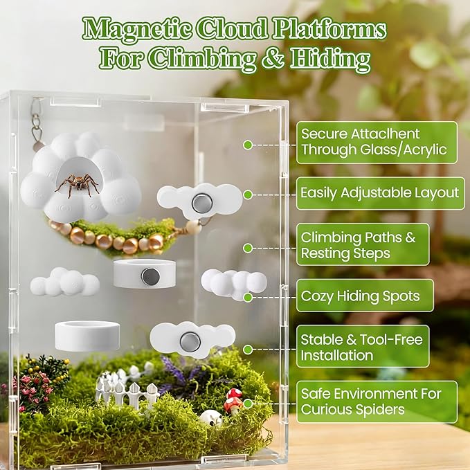 Jumping Spider Accessories Set with Magnetic Cloud Platforms & Feeder Bowls, Jumping Spider Enclosure Accessories for Climbing, Hiding & Feeding, 14 Pcs Magnets, Cute Spiders Habitat Decor