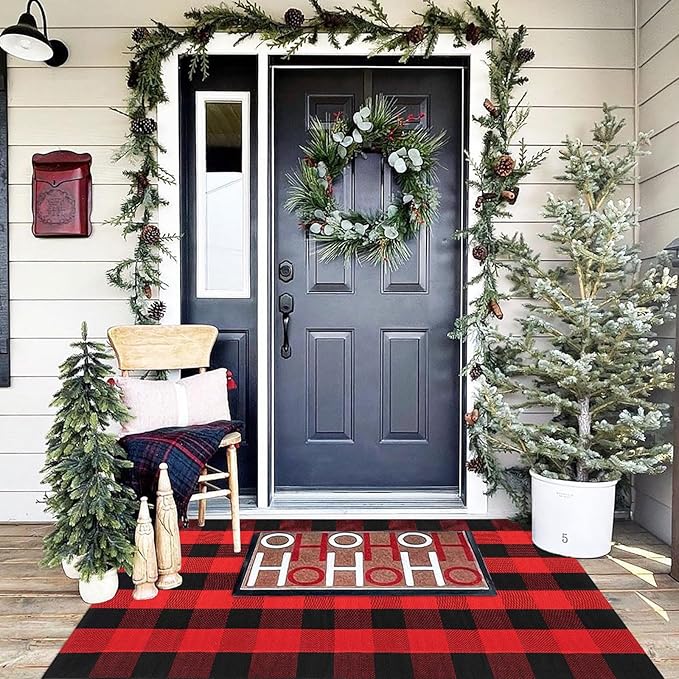 Christmas Door Mat Outdoor 35.4''x59'' Buffalo Plaid Christmas Decor Rug Cotton Hand-Woven Layered Door Mats Washable Carpet for Front Porch, Kitchen, Farmhouse, Entryway