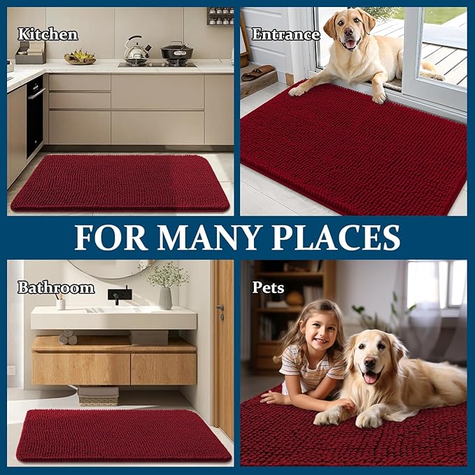 OLANLY Dog Door Mat for Muddy Paws 47x24, Absorbs Moisture and Dirt, Absorbent Non-Slip Washable Doormat, Quick Dry Chenille Mud Mat for Dogs, Entry Indoor Entryway Carpet for Inside Floor, Red
