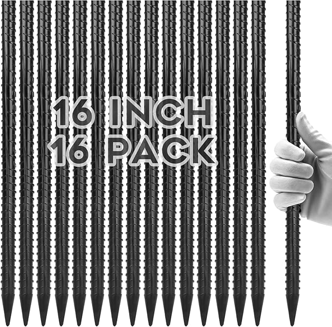 16 Inches Rebar Stakes(16pcs) Heavy Duty Straight Metal Ground Anchors with Chisel Point Ends for Timber,Concrete,Plant Support,Camping Tents,3/8 Inch Thickness Garden Stakes,Black
