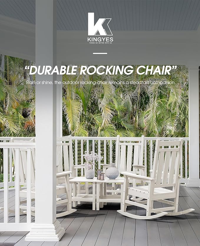 KINGYES Oversized Outdoor Rocking Chair Set of 6, All-Weather Patio Rocking Chairs for Porch, HDPE Outdoor Patio Rockers with High Back & Wide Seat for Garden, Lawn, White