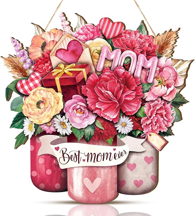 Boao Welcome Mother's Day Wooden Door Hanging Sign Pink Farmhouse Door Decor Vintage Mother's Day Wood Rose Gift Sign Rustic Wall Plaque Ornaments for Window Wall Porch