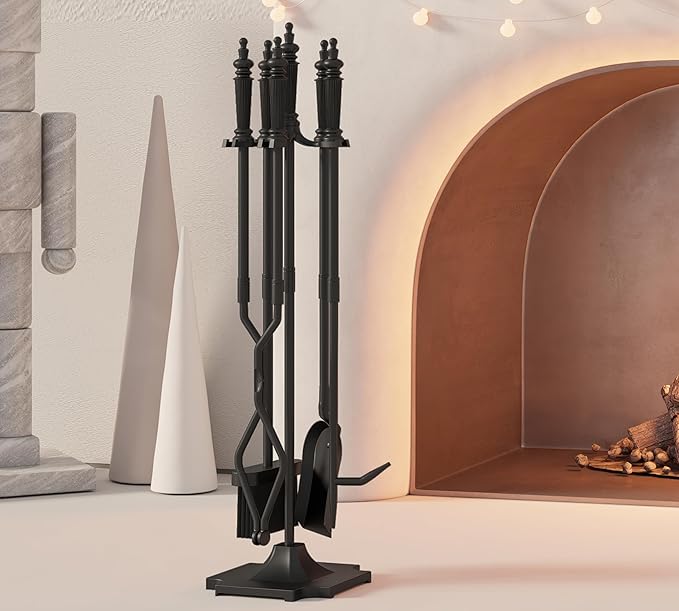5-Piece Fireplace Tools Set 32.5In Cast Iron Indoor & Outdoor Fireside Accessories Includes Stand, Shovel, Brush, Tong, and Poker