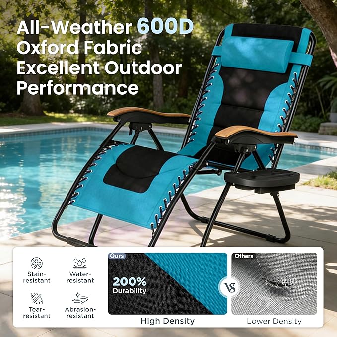 PHI VILLA XXL Oversized Padded Zero Gravity Chair, Foldable Patio Recliner, 30" Wide Seat Anti Gravity Lounger with Cup Holder, Support 400 LBS (Aqua)