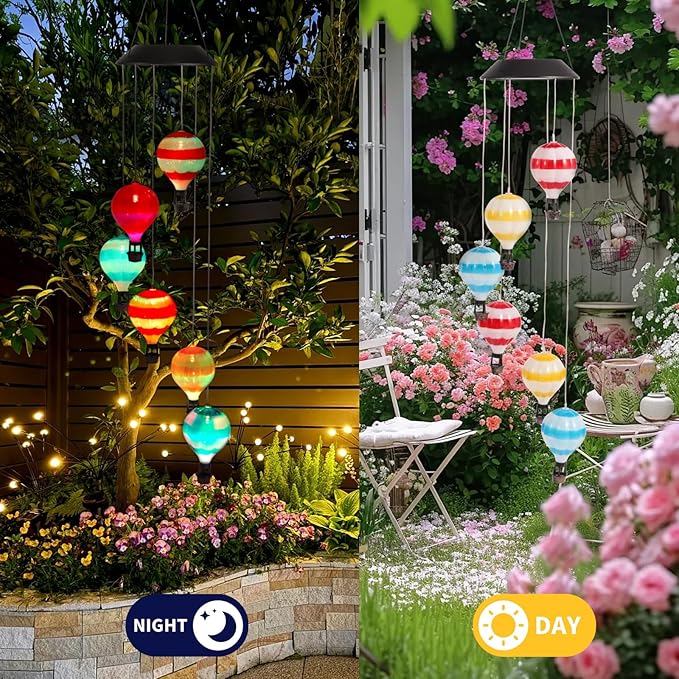 Solar Wind Chimes for Outside, Color Changing Hot Air Balloon Wind Chimes Solar Lights for Outside Garden Outdoor Patio Décor, Mother‘s Day Gifts for Mom Birthday Gifts for Women Grandma Wife Sister