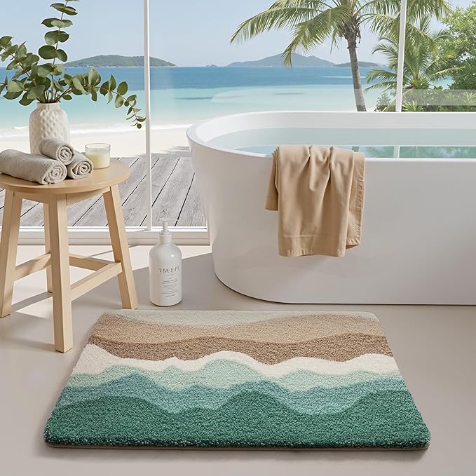 LUMI Beach Bathroom Rugs, Non Slip Bath Mat Ultra Soft Washable Absorbent Quick Dry, Ocean Sea Theme Bath Rug with Starfish Shell for Shower Floor, Kitchen Decor, Kids Room, 20"x32"