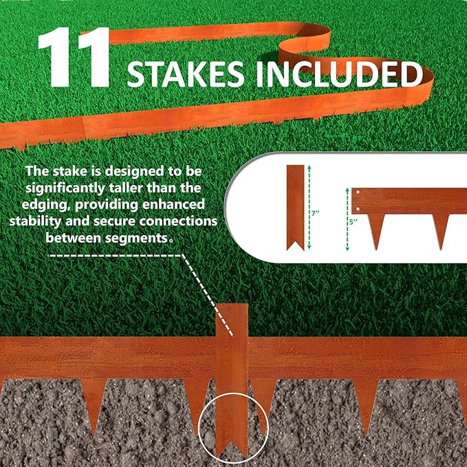 33ft. Cor-Ten Steel Landscape Edging (10-Pack) – 40" Metal Edging for Landscaping with 11 Stakes, Hammer-in Metal Landscaping Edging for Yard Pathway & Flower Beds – Lawn Edge for Garden Design