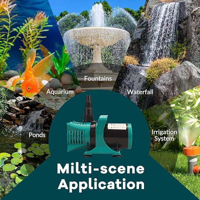 150W 3100GPH Submersible Pond Pump, Ultra Quiet & Energy Efficient Water Pump, 20FT Cord, 18FT Lift, Multi-Angle Nozzle for Koi Pond, Fountain, Waterfall, Aquarium, Garden Use, UL Listed