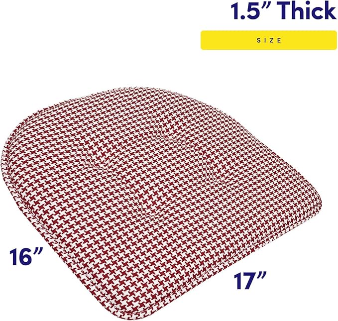 Sweet Home Collection Chair Cushion Memory Foam Pads Tufted Slip Non Skid Rubber Back U-Shaped 17" x 16" Seat Cover, 2 Count (Pack of 1), Houndsooth Red