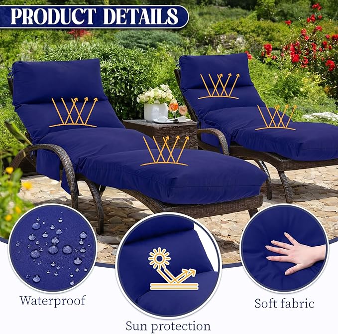 Kigley 2 Pcs Chaise Lounge Cushions, 77.9 x 20.5 x 4.7 Inch Outdoor Lounge Chair Cushions with Pocket, Thick Tufted Patio Recliner Replacement with Ties, Fade Resistant for Pool Furniture (Navy Blue)