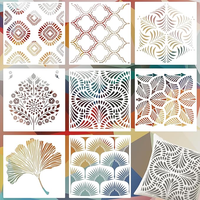 8 PCS Large Geometric Stencils, Reusable Plastic Drawing Template for Painting on Wall Wood Floor Tile DIY Art Furniture Home Decoration, 12 x 12 Inch