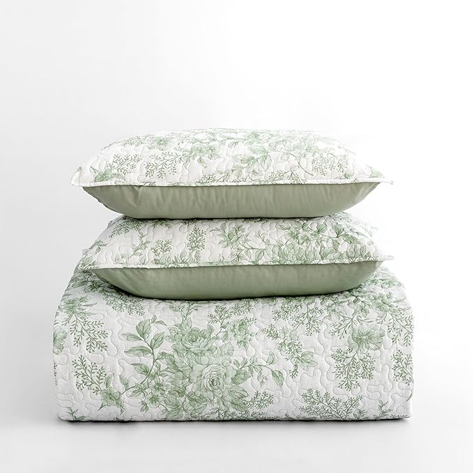 Wonderful Sage Green Floral Quilt King Size Cotton Stitch Bedding Set, Farmhouse Lightweight Comforter Soft Rustic Bedspread Coverlet 3 Piece for All Season
