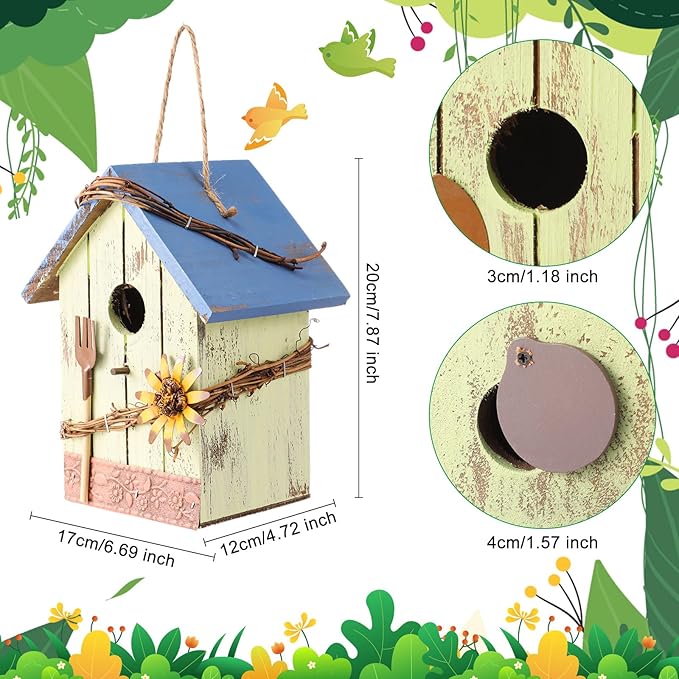 2 Pcs Decorative Birdhouse for Yard Outside Hanging Wooden Birdhouse Hand Painted Bird Box for Bird Lovers Bluebird Tree Swallow Wild Chickadee Garden Decor(Light Color,Wooden Roof)