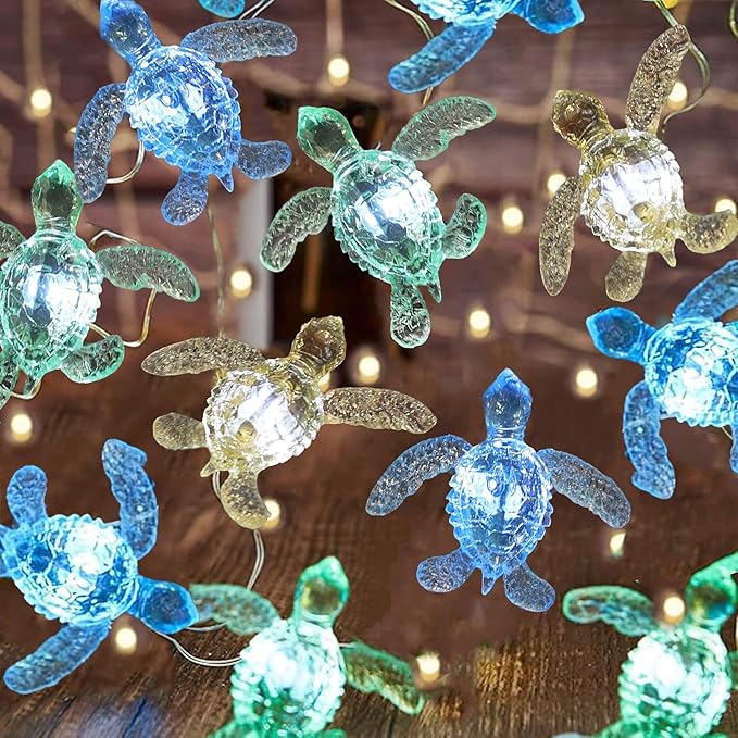 Beach Theme Outdoor Solar Sea Turtle String Lights – 40 LED 14ft Nautical Décor for Balcony, Porch, Fence - Waterproof Garden Night Lights Coastal Marine Life Décor Ocean-Inspired Lighting