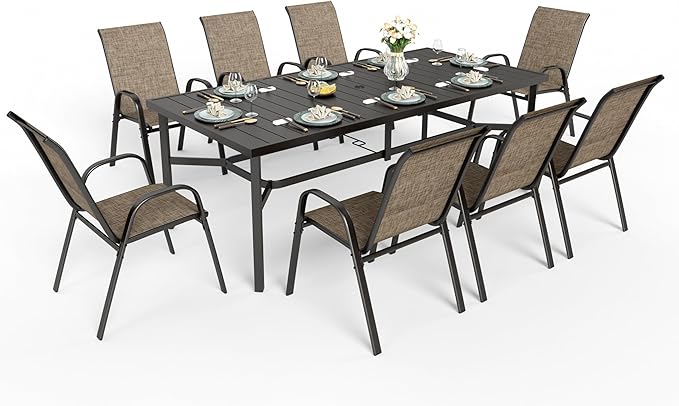 PHI VILLA 9 Piece Patio Table and Chairs Set for 8 Person, Large Metal Slat Rectangle Table and Stackable Patio Chairs with Textilene Mesh Fabric, All Weather Patio Furniture Set for Deck Lawn Garden