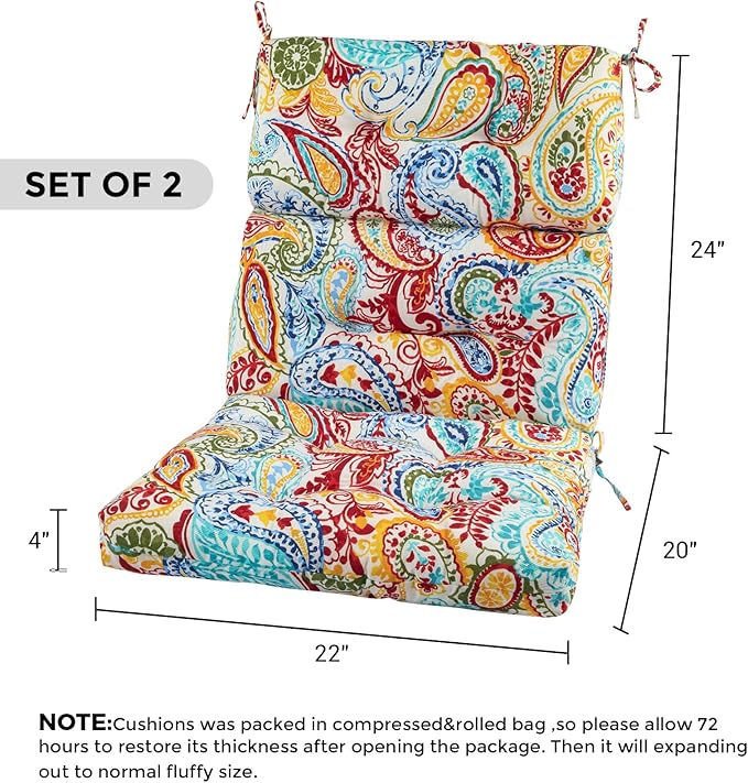 FUNHOME Outdoor High Back Chair Cushions Set of 2,Reversible Lawn Chair Cushion 44 x22 inch,Water Resistant Tufted Adirondack Chair Cushion,for Garden Rocking Chair,Patio Furniture(Phoenix)
