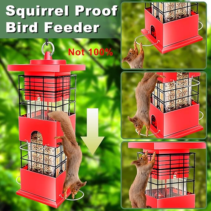 Bird Feeder Squirrel Proof for Outdoors Hanging, 3Lbs Metal Heavy Duty Birdfeeder with 4 Feeding Ports, Wild Birds Seed Feeder for Cardinal, Finch, Sparrow (Red)