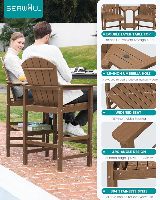SERWALL Tall Adirondack Chairs Set of 2 with Double Layer Connecting Tray, HDPE Bar Height Outdoor Chairs, Wood-Like Adirondack Bar Stools for Patio, Balcony, Porch, Brown