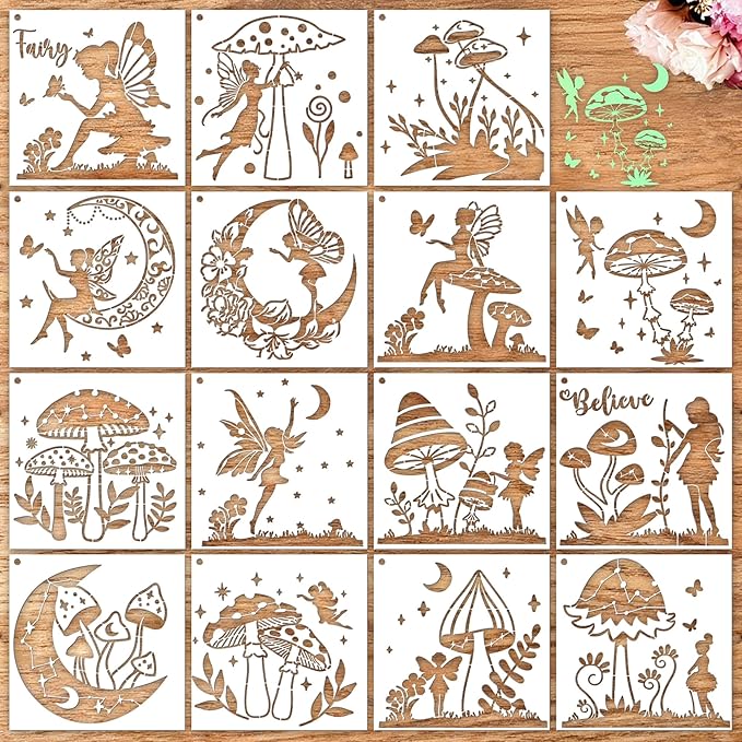 Fairy Moon Mushroom Stencils - 15 Pcs Reusable Boho Stencils for Painting on Wood Wall Canvas Door Mat, Painting Drawing Template for DIY Craft