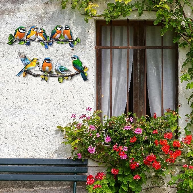 Metal Bird Outdoor Wall Art Decor - Hummingbird Wall Silhouette Art, Bird on Branch Wall Sculpture Hanging Indoor Outdoor for Your Yard, Garden and Patio (2 Pack)