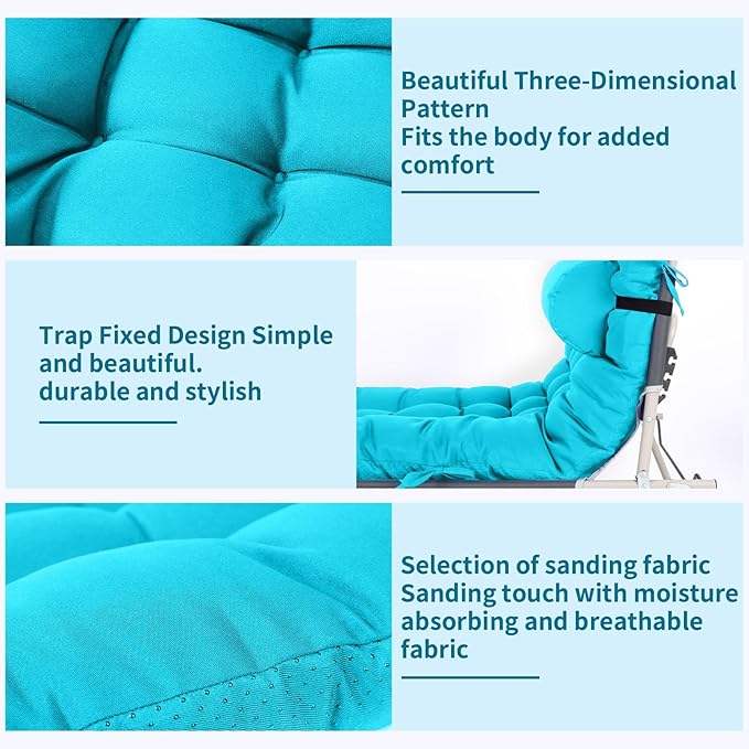 Tudomro 1 Pcs Peacock Blue 66'' Outdoor Chaise Lounge Cushion Waterproof Patio Lawn Pool Chaise Lounge Cushion with Headrest Pillow & Ties Weather Fade Resistant Replacement Longue Chair Pad